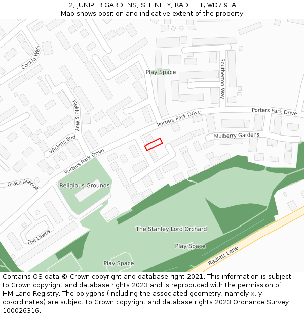 2, JUNIPER GARDENS, SHENLEY, RADLETT, WD7 9LA: Location map and indicative extent of plot