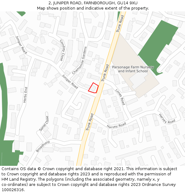 2, JUNIPER ROAD, FARNBOROUGH, GU14 9XU: Location map and indicative extent of plot
