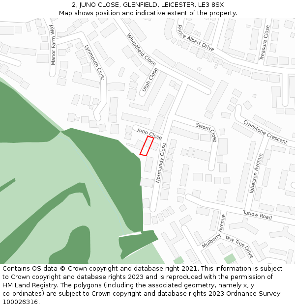 2, JUNO CLOSE, GLENFIELD, LEICESTER, LE3 8SX: Location map and indicative extent of plot
