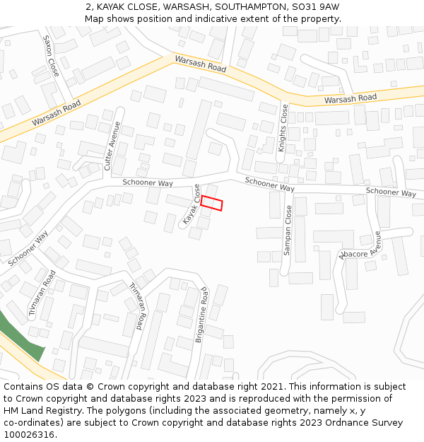 2, KAYAK CLOSE, WARSASH, SOUTHAMPTON, SO31 9AW: Location map and indicative extent of plot