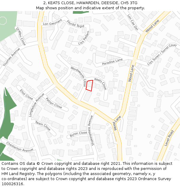 2, KEATS CLOSE, HAWARDEN, DEESIDE, CH5 3TG: Location map and indicative extent of plot