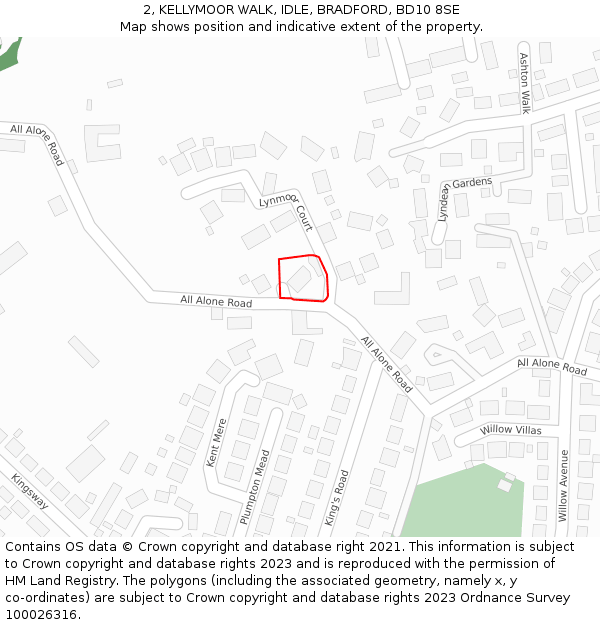 2, KELLYMOOR WALK, IDLE, BRADFORD, BD10 8SE: Location map and indicative extent of plot