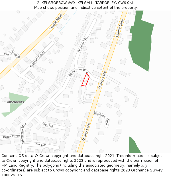 2, KELSBORROW WAY, KELSALL, TARPORLEY, CW6 0NL: Location map and indicative extent of plot