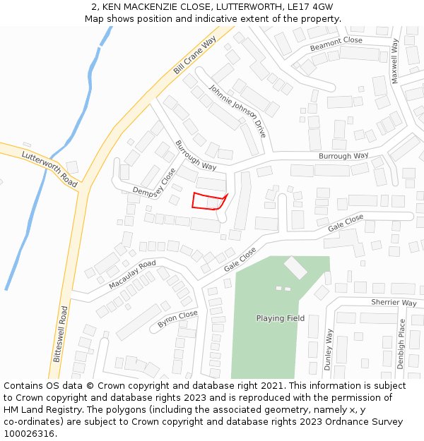 2, KEN MACKENZIE CLOSE, LUTTERWORTH, LE17 4GW: Location map and indicative extent of plot