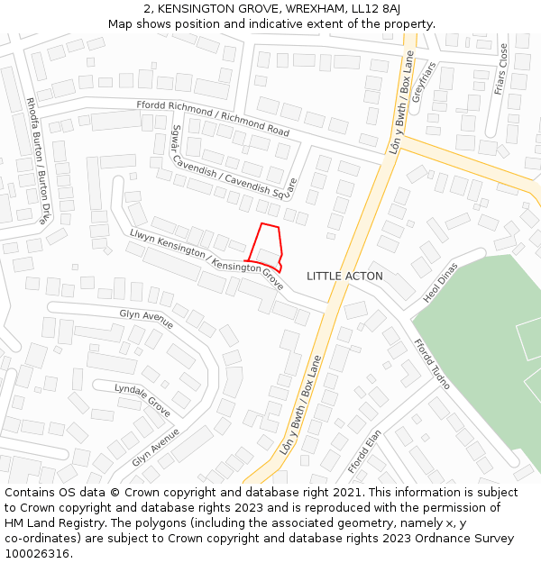 2, KENSINGTON GROVE, WREXHAM, LL12 8AJ: Location map and indicative extent of plot