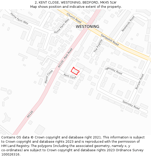 2, KENT CLOSE, WESTONING, BEDFORD, MK45 5LW: Location map and indicative extent of plot