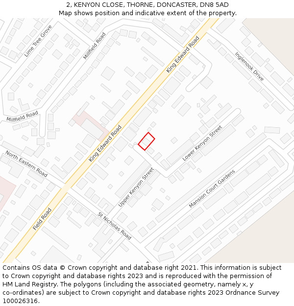 2, KENYON CLOSE, THORNE, DONCASTER, DN8 5AD: Location map and indicative extent of plot