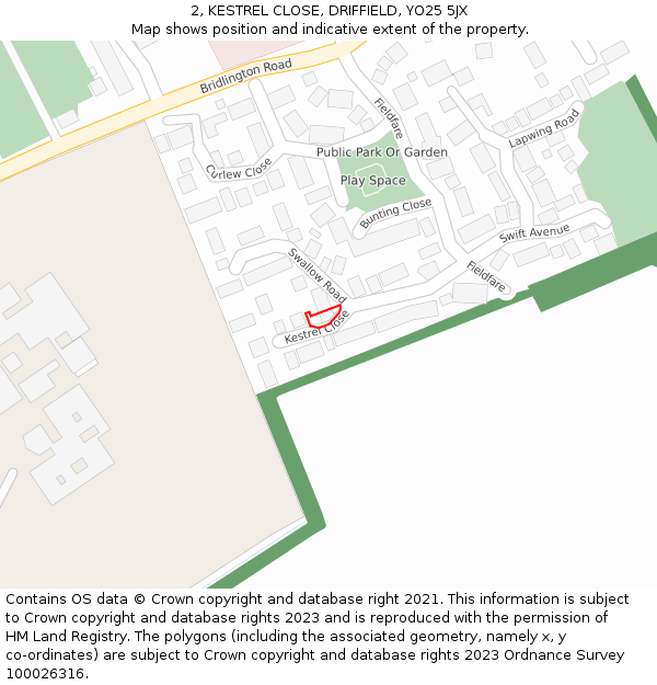 2, KESTREL CLOSE, DRIFFIELD, YO25 5JX: Location map and indicative extent of plot