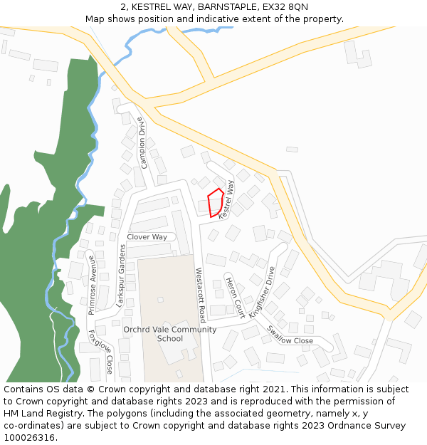 2, KESTREL WAY, BARNSTAPLE, EX32 8QN: Location map and indicative extent of plot