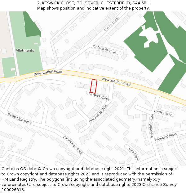 2, KESWICK CLOSE, BOLSOVER, CHESTERFIELD, S44 6RH: Location map and indicative extent of plot