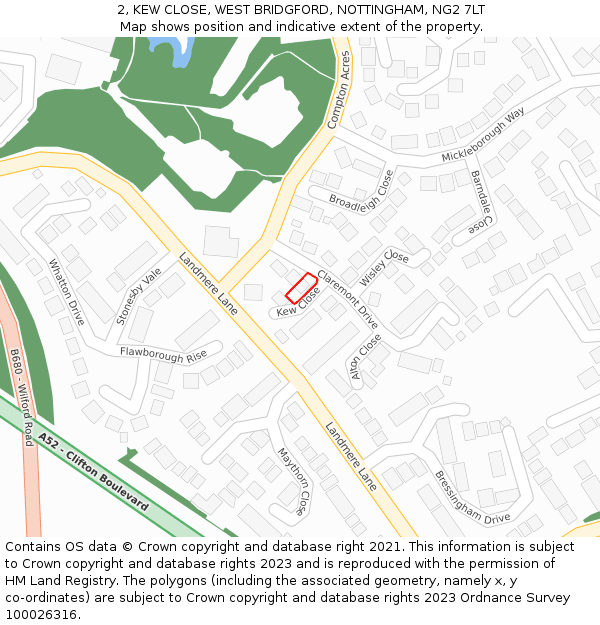 2, KEW CLOSE, WEST BRIDGFORD, NOTTINGHAM, NG2 7LT: Location map and indicative extent of plot