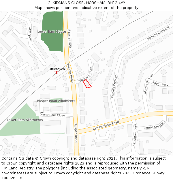 2, KIDMANS CLOSE, HORSHAM, RH12 4AY: Location map and indicative extent of plot