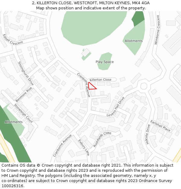 2, KILLERTON CLOSE, WESTCROFT, MILTON KEYNES, MK4 4GA: Location map and indicative extent of plot