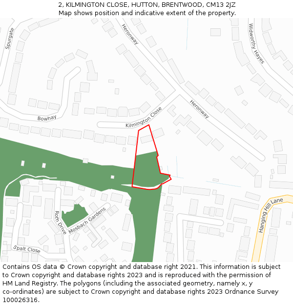 2, KILMINGTON CLOSE, HUTTON, BRENTWOOD, CM13 2JZ: Location map and indicative extent of plot