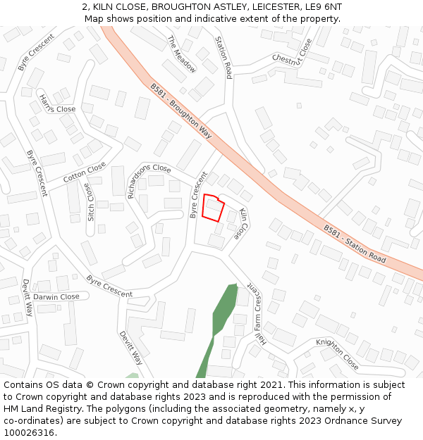 2, KILN CLOSE, BROUGHTON ASTLEY, LEICESTER, LE9 6NT: Location map and indicative extent of plot