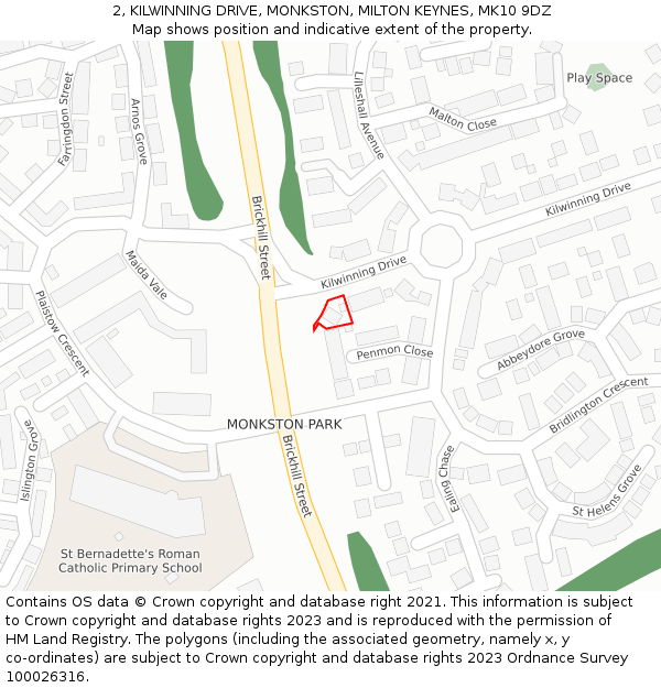 2, KILWINNING DRIVE, MONKSTON, MILTON KEYNES, MK10 9DZ: Location map and indicative extent of plot