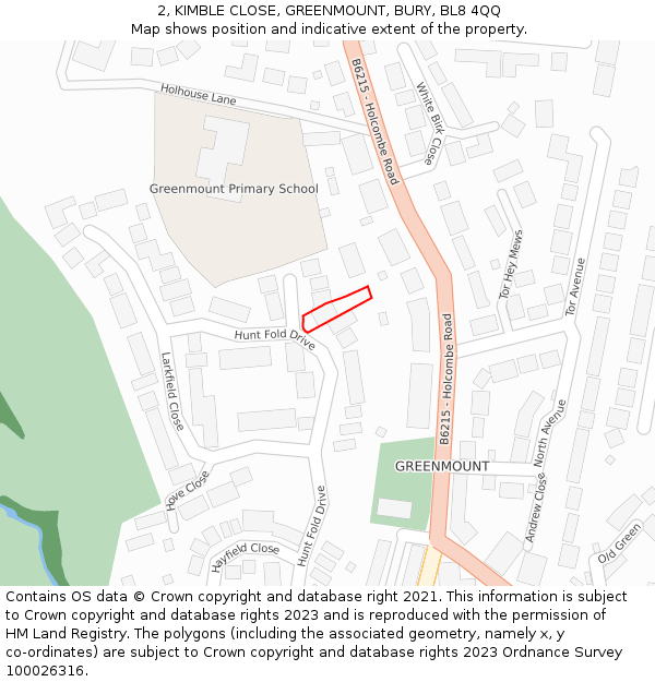 2, KIMBLE CLOSE, GREENMOUNT, BURY, BL8 4QQ: Location map and indicative extent of plot