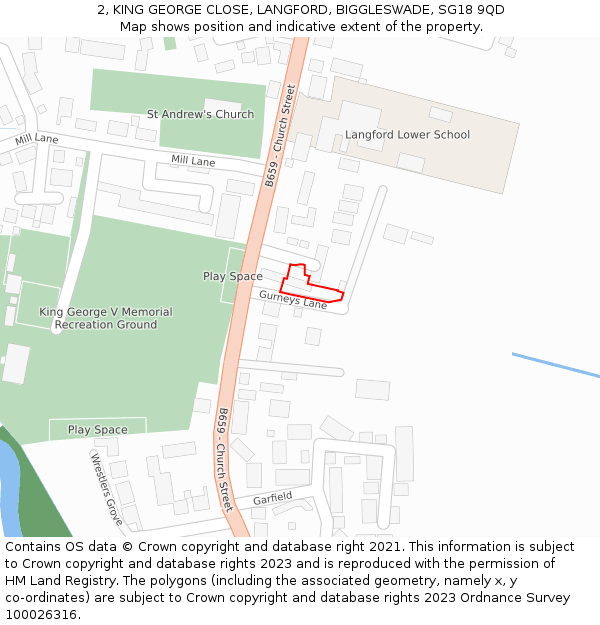 2, KING GEORGE CLOSE, LANGFORD, BIGGLESWADE, SG18 9QD: Location map and indicative extent of plot