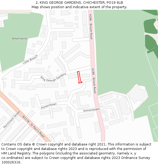 2, KING GEORGE GARDENS, CHICHESTER, PO19 6LB: Location map and indicative extent of plot