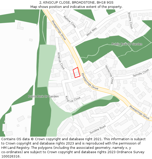 2, KINGCUP CLOSE, BROADSTONE, BH18 9GS: Location map and indicative extent of plot