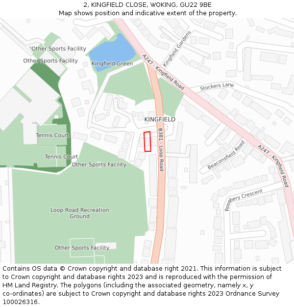 2, KINGFIELD CLOSE, WOKING, GU22 9BE: Location map and indicative extent of plot