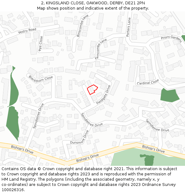 2, KINGSLAND CLOSE, OAKWOOD, DERBY, DE21 2PN: Location map and indicative extent of plot