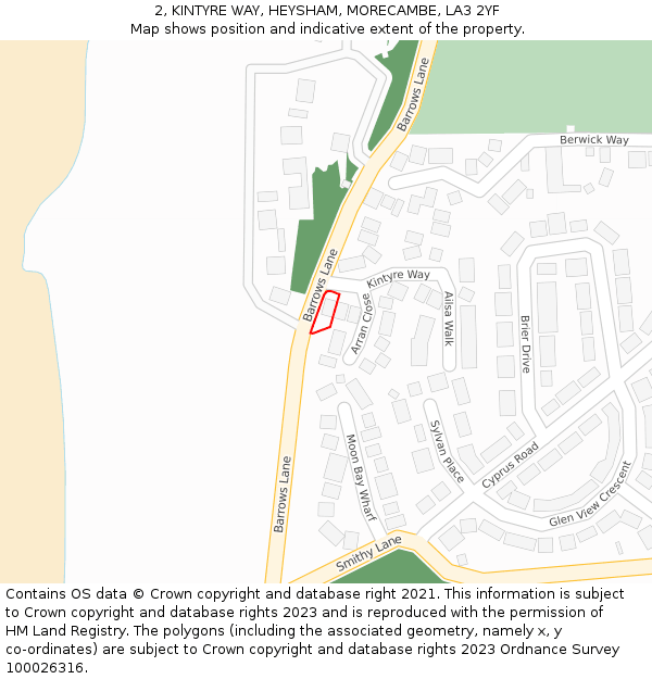 2, KINTYRE WAY, HEYSHAM, MORECAMBE, LA3 2YF: Location map and indicative extent of plot