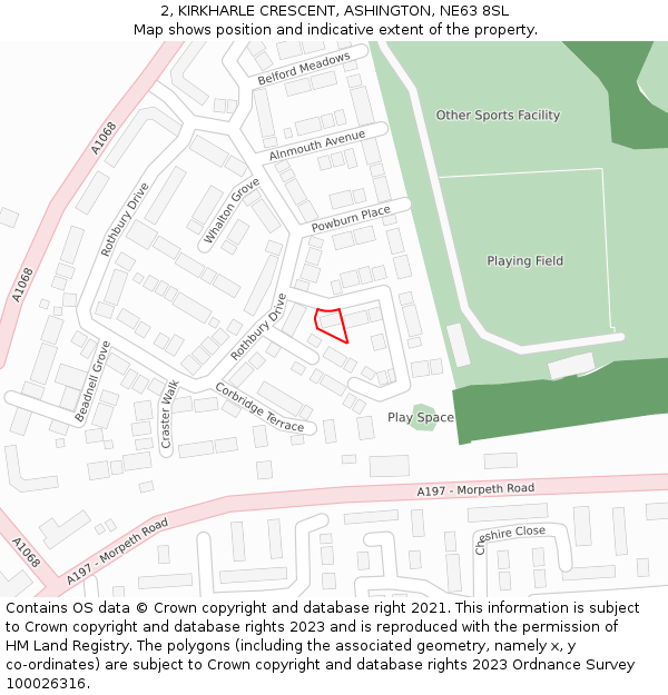 2, KIRKHARLE CRESCENT, ASHINGTON, NE63 8SL: Location map and indicative extent of plot