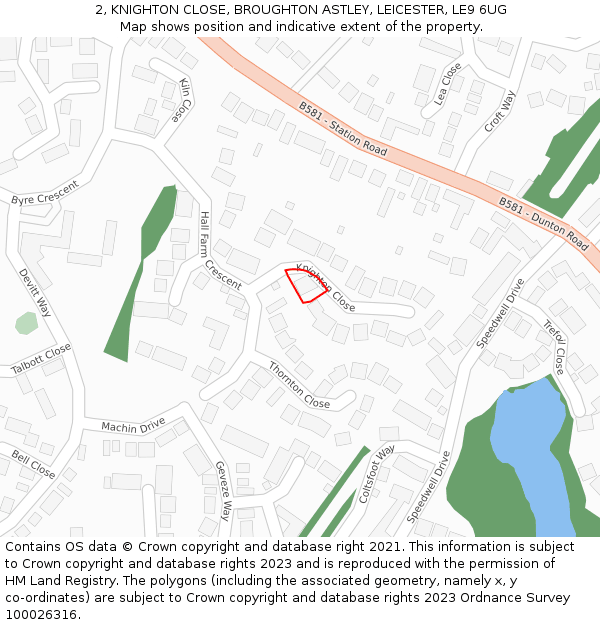 2, KNIGHTON CLOSE, BROUGHTON ASTLEY, LEICESTER, LE9 6UG: Location map and indicative extent of plot