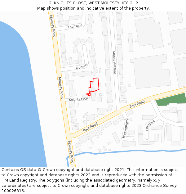 2, KNIGHTS CLOSE, WEST MOLESEY, KT8 2HP: Location map and indicative extent of plot