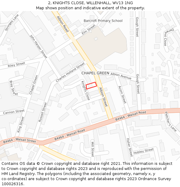 2, KNIGHTS CLOSE, WILLENHALL, WV13 1NG: Location map and indicative extent of plot