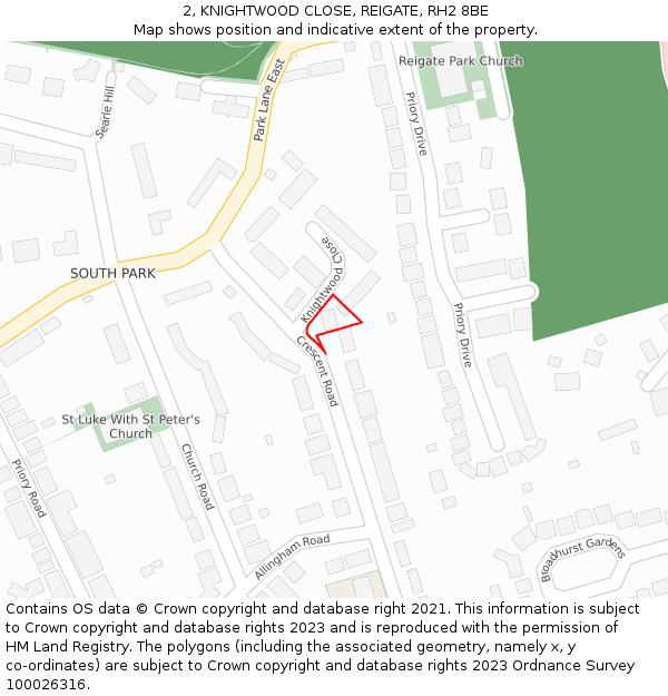 2, KNIGHTWOOD CLOSE, REIGATE, RH2 8BE: Location map and indicative extent of plot