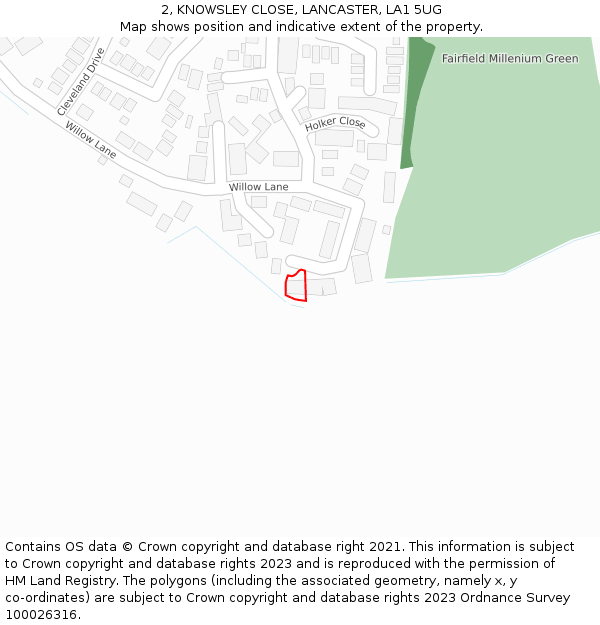 2, KNOWSLEY CLOSE, LANCASTER, LA1 5UG: Location map and indicative extent of plot