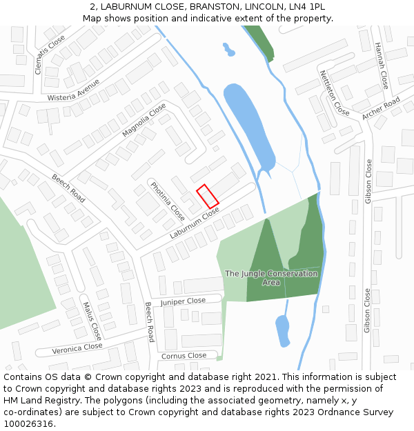 2, LABURNUM CLOSE, BRANSTON, LINCOLN, LN4 1PL: Location map and indicative extent of plot