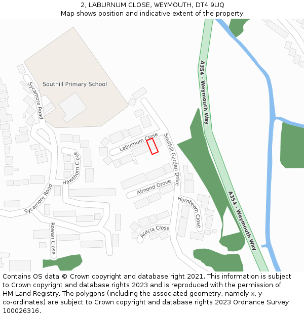 2, LABURNUM CLOSE, WEYMOUTH, DT4 9UQ: Location map and indicative extent of plot