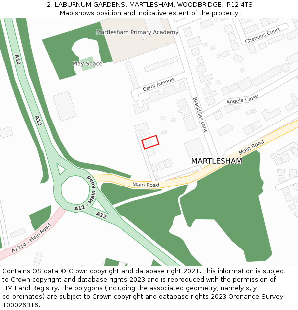 2, LABURNUM GARDENS, MARTLESHAM, WOODBRIDGE, IP12 4TS: Location map and indicative extent of plot