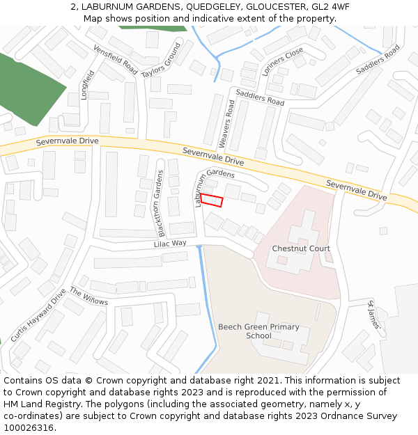 2, LABURNUM GARDENS, QUEDGELEY, GLOUCESTER, GL2 4WF: Location map and indicative extent of plot