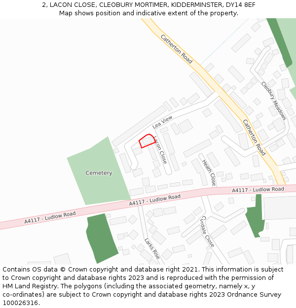 2, LACON CLOSE, CLEOBURY MORTIMER, KIDDERMINSTER, DY14 8EF: Location map and indicative extent of plot