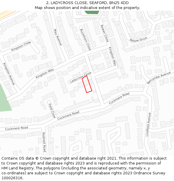 2, LADYCROSS CLOSE, SEAFORD, BN25 4DD: Location map and indicative extent of plot