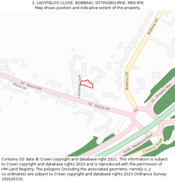 2, LADYFIELDS CLOSE, BOBBING, SITTINGBOURNE, ME9 8TA: Location map and indicative extent of plot