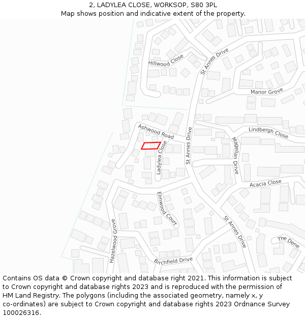 2, LADYLEA CLOSE, WORKSOP, S80 3PL: Location map and indicative extent of plot