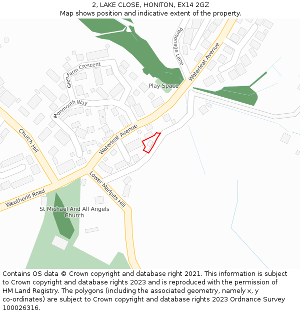 2, LAKE CLOSE, HONITON, EX14 2GZ: Location map and indicative extent of plot