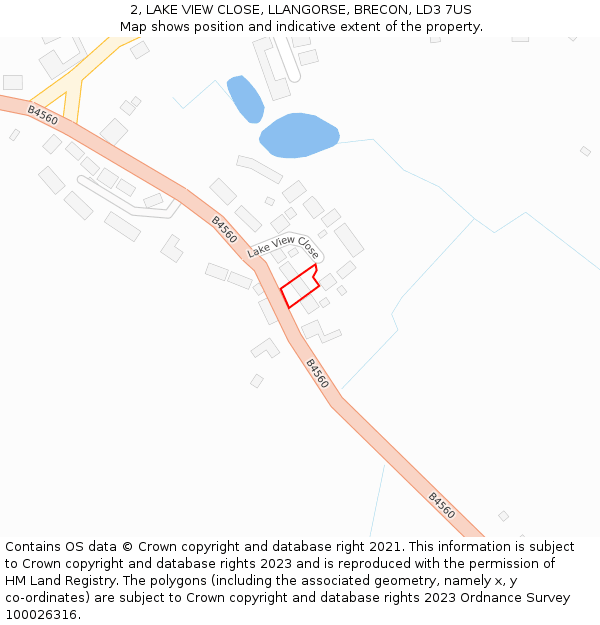 2, LAKE VIEW CLOSE, LLANGORSE, BRECON, LD3 7US: Location map and indicative extent of plot