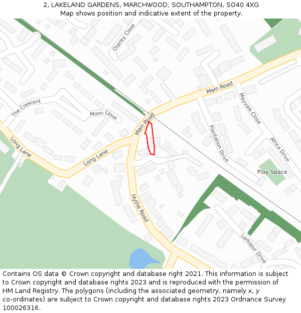 2, LAKELAND GARDENS, MARCHWOOD, SOUTHAMPTON, SO40 4XG: Location map and indicative extent of plot