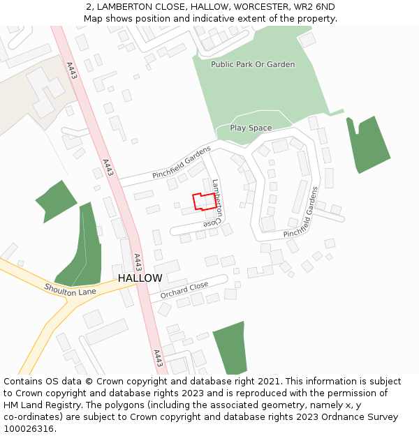 2, LAMBERTON CLOSE, HALLOW, WORCESTER, WR2 6ND: Location map and indicative extent of plot