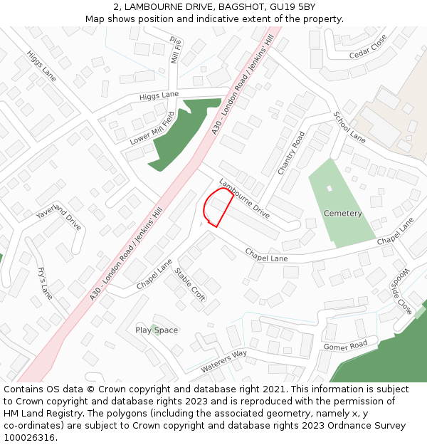 2, LAMBOURNE DRIVE, BAGSHOT, GU19 5BY: Location map and indicative extent of plot