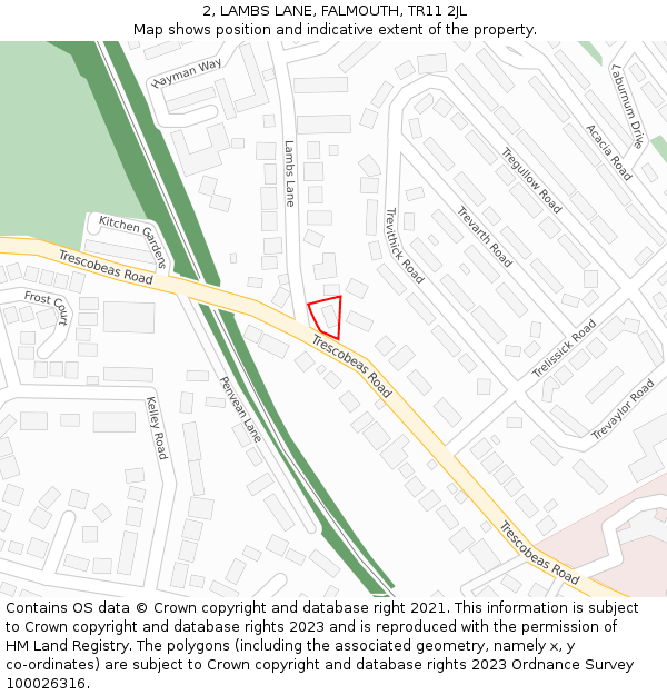 2, LAMBS LANE, FALMOUTH, TR11 2JL: Location map and indicative extent of plot