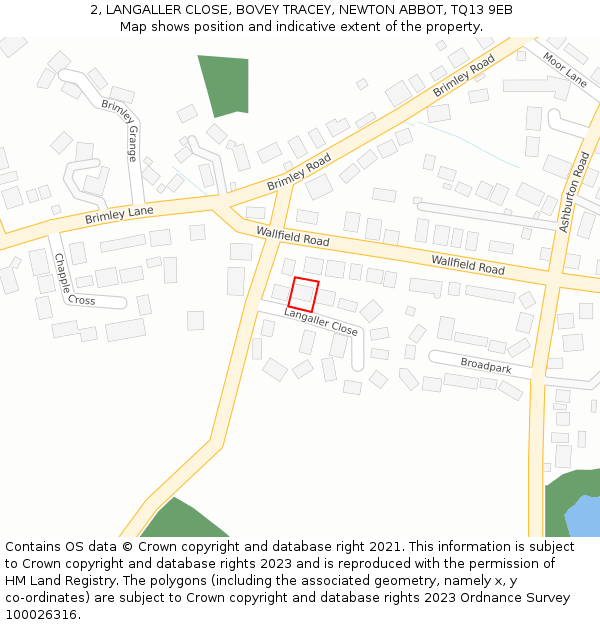 2, LANGALLER CLOSE, BOVEY TRACEY, NEWTON ABBOT, TQ13 9EB: Location map and indicative extent of plot