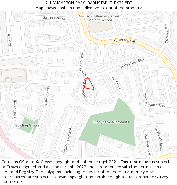 2, LANGARRON PARK, BARNSTAPLE, EX32 8BT: Location map and indicative extent of plot
