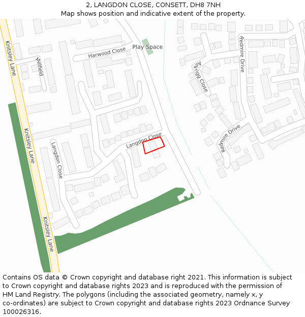 2, LANGDON CLOSE, CONSETT, DH8 7NH: Location map and indicative extent of plot